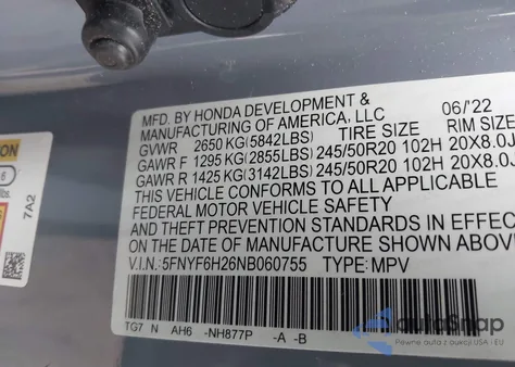 2022 Honda Pilot Awd Special Edition from USA, damaged, VIN 5FNYF6H26NB060755